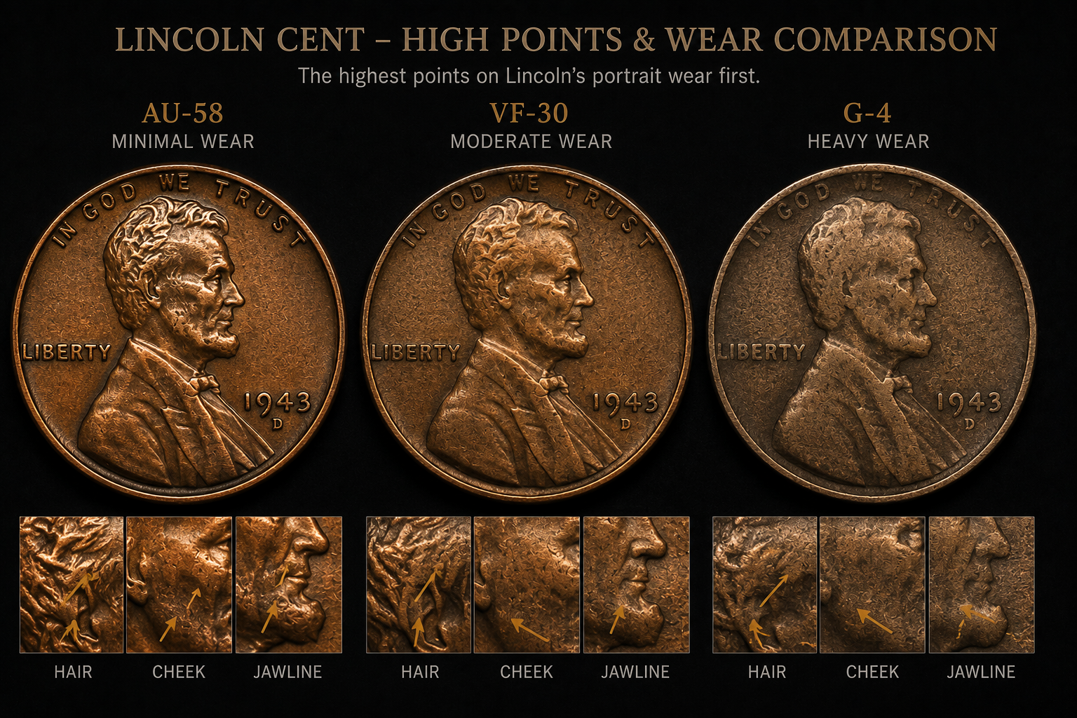 Lincoln cent highlighting high points where wear typically appears first