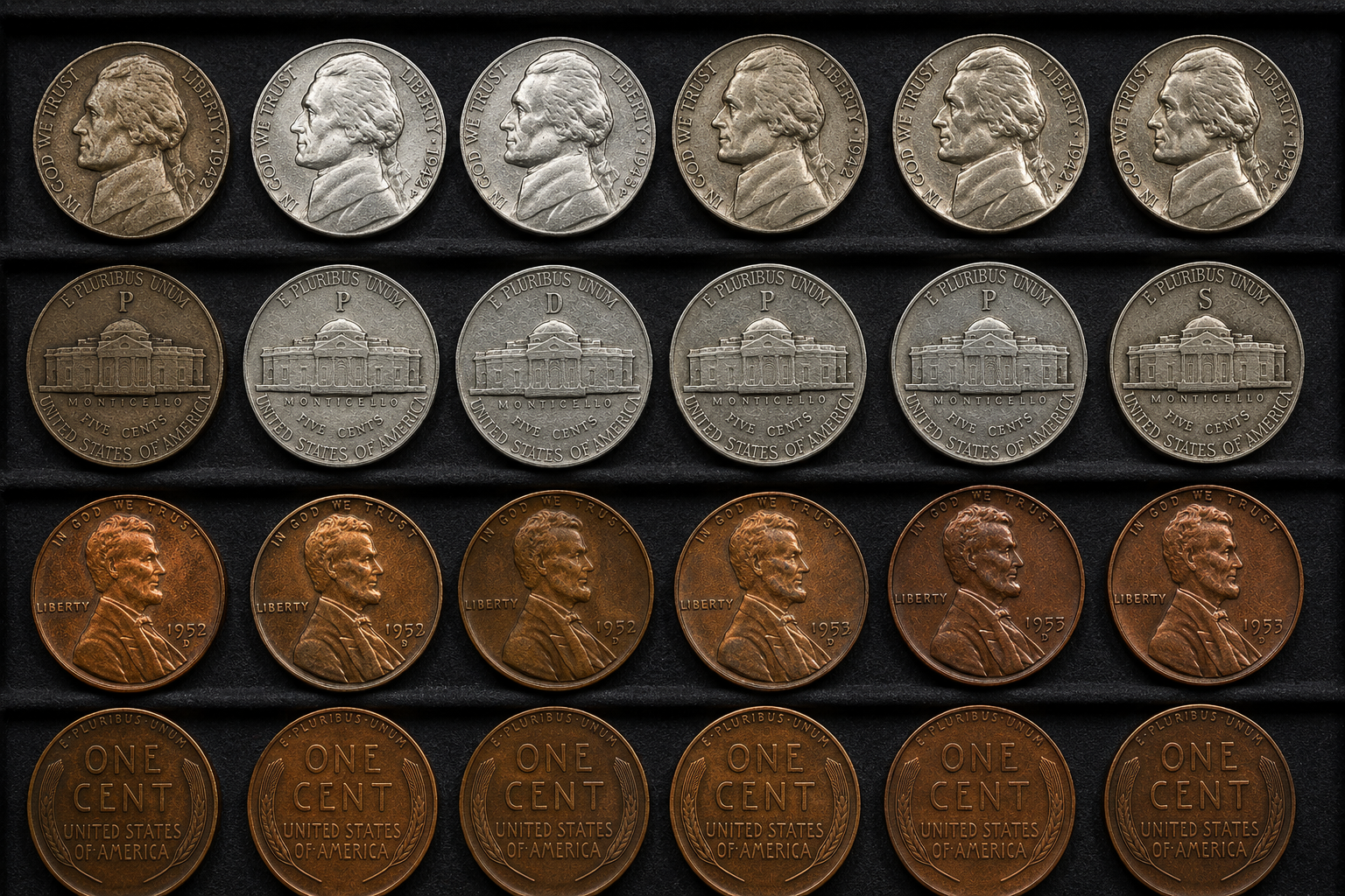 Multiple American coins arranged for side-by-side comparison of luster and surface preservation
