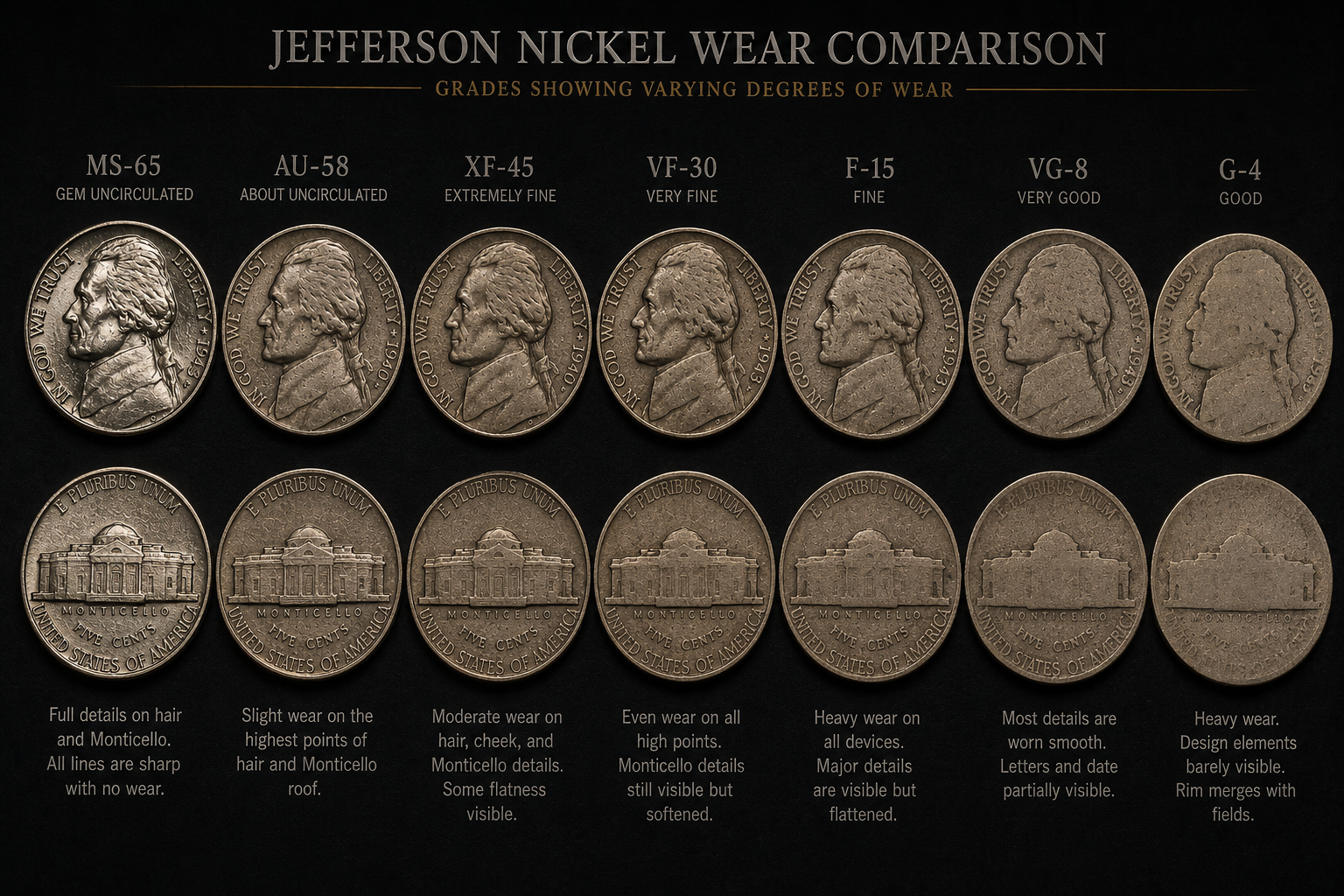 Multiple American coins compared to study wear on raised design elements