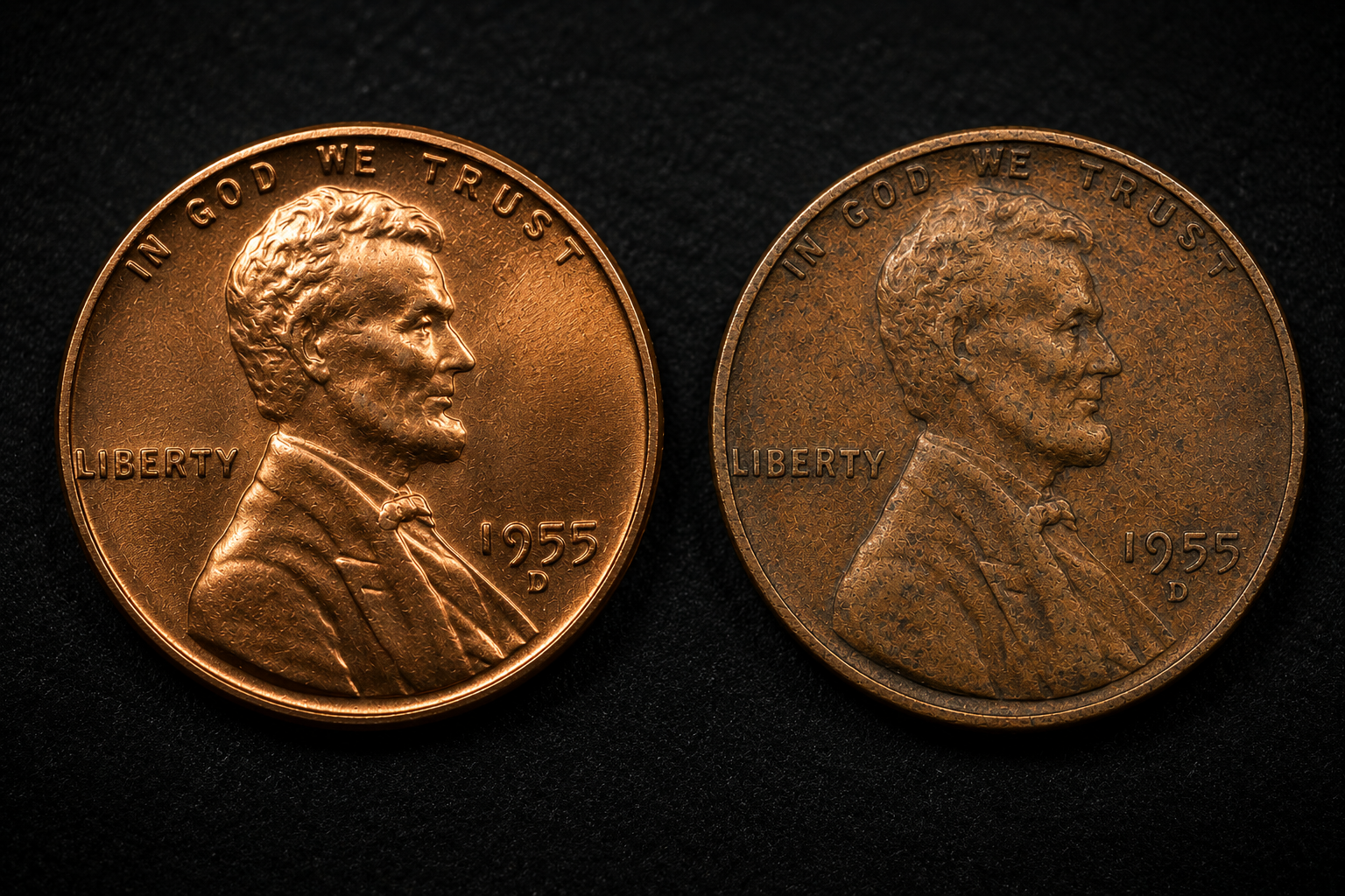 Side-by-side comparison of two Lincoln cents showing differences in wear and strike quality