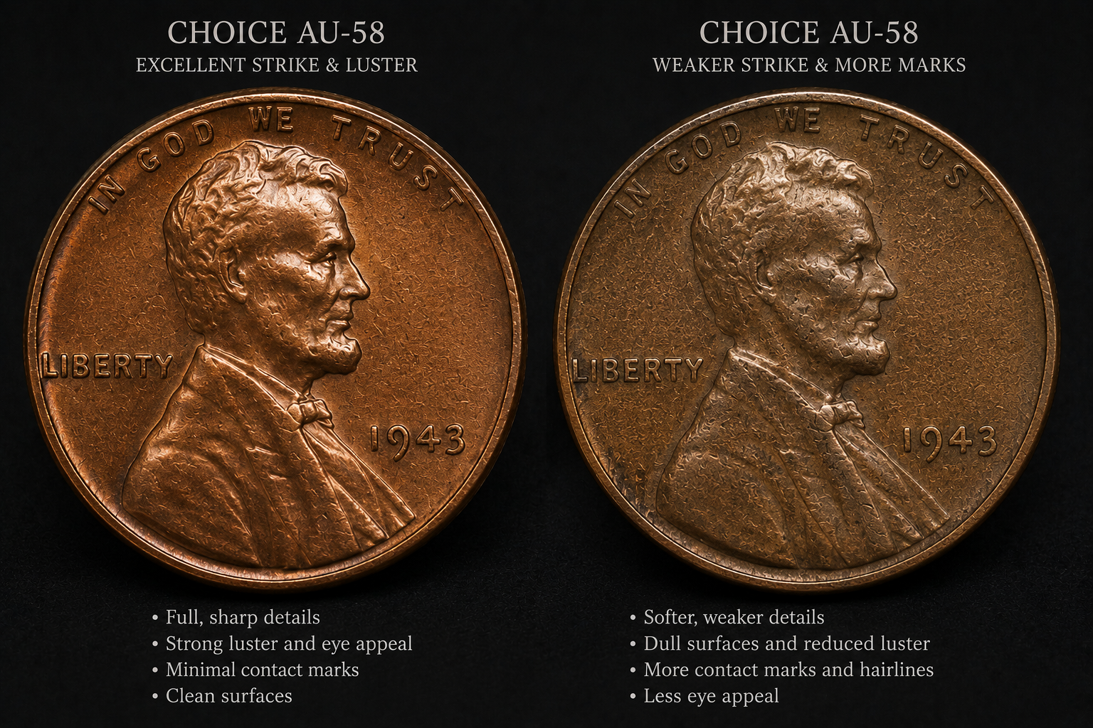 Two Lincoln cents with the same grade showing different strike quality and surface preservation