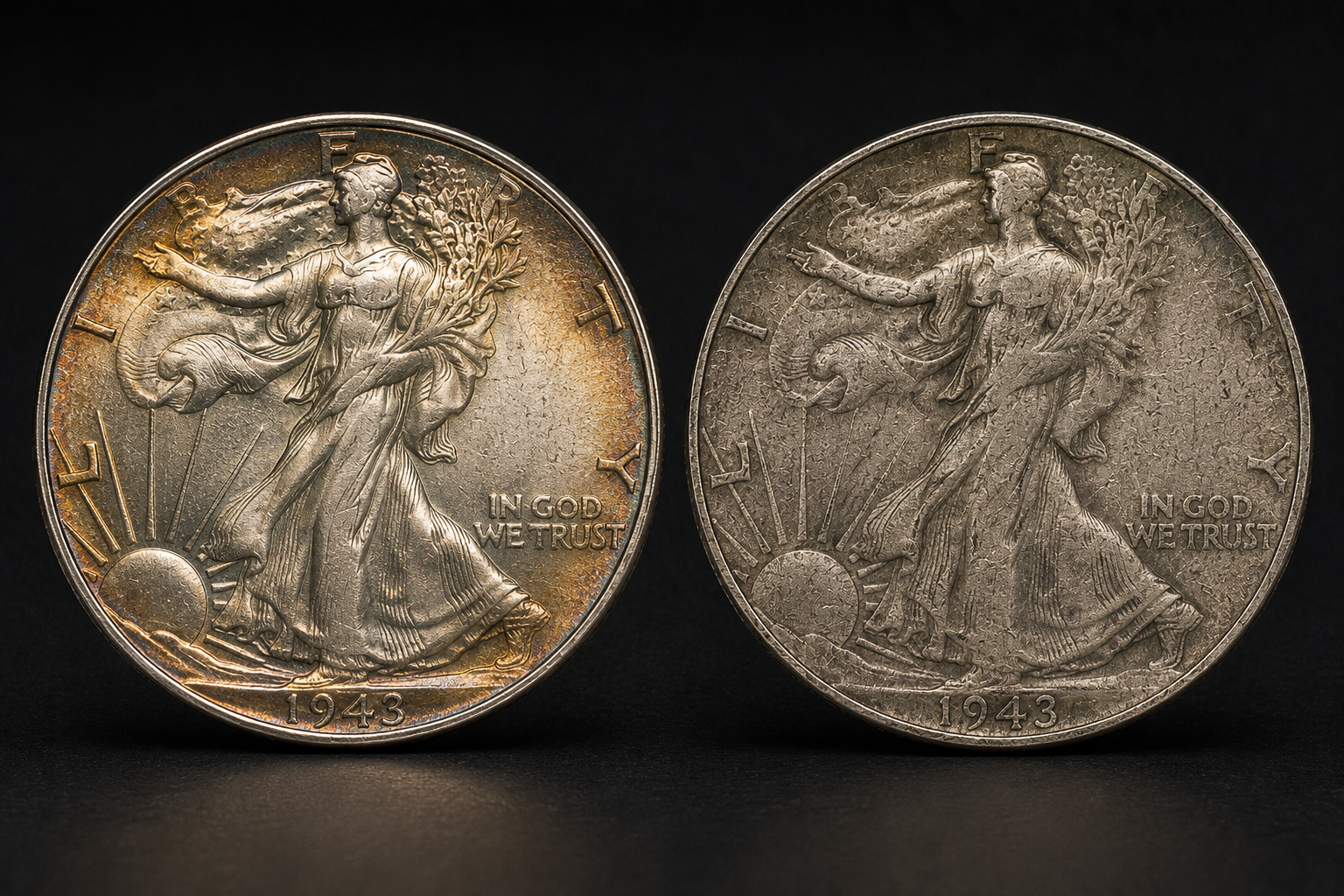 Two certified coins with the same grade showing noticeably different overall appearance