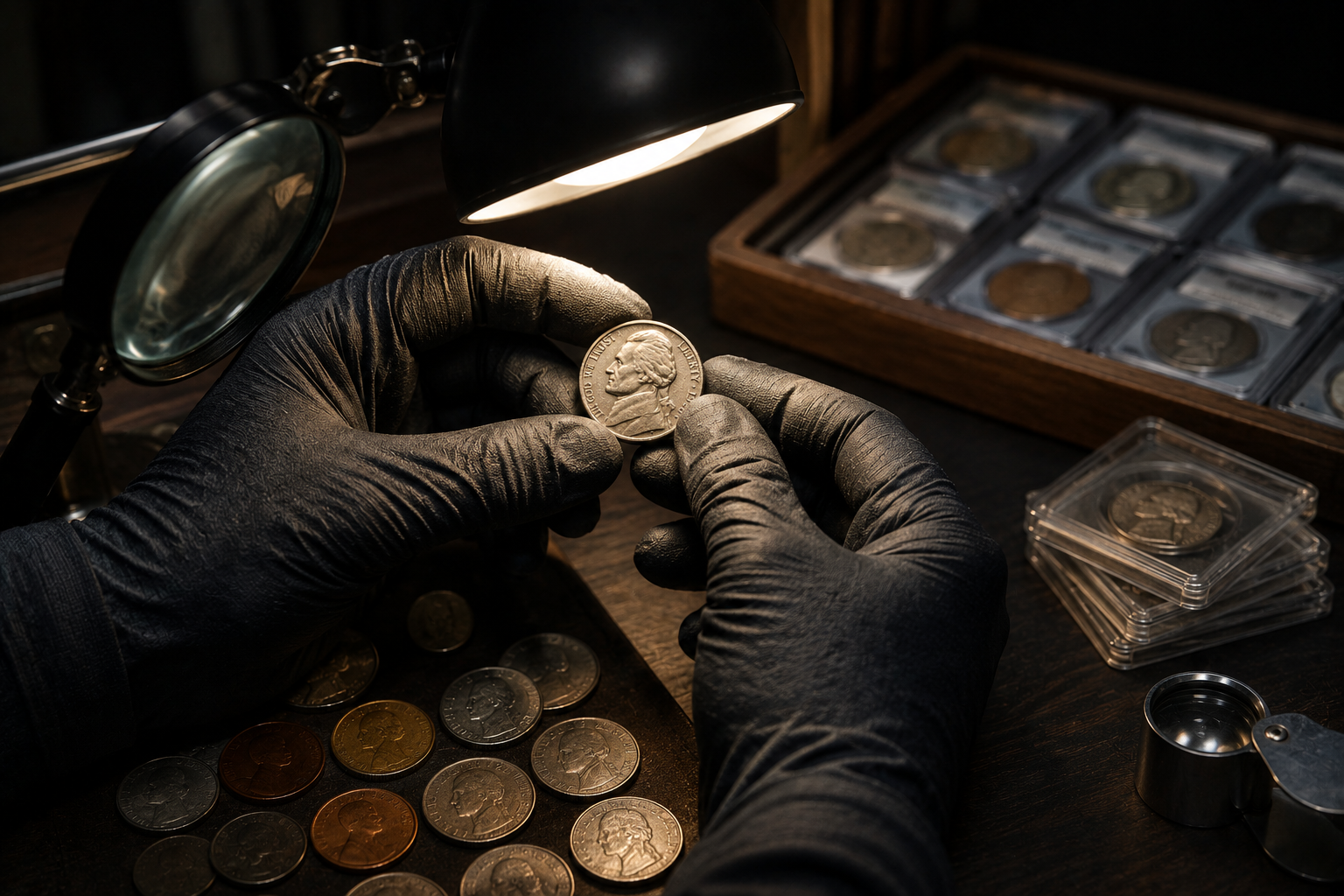 Professional coin inspection setup showing the rapid evaluation process used by experienced collectors