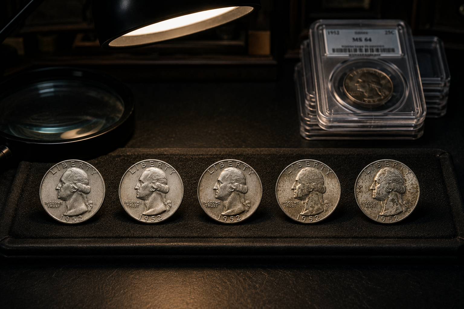 Several American coins being rapidly compared during expert evaluation