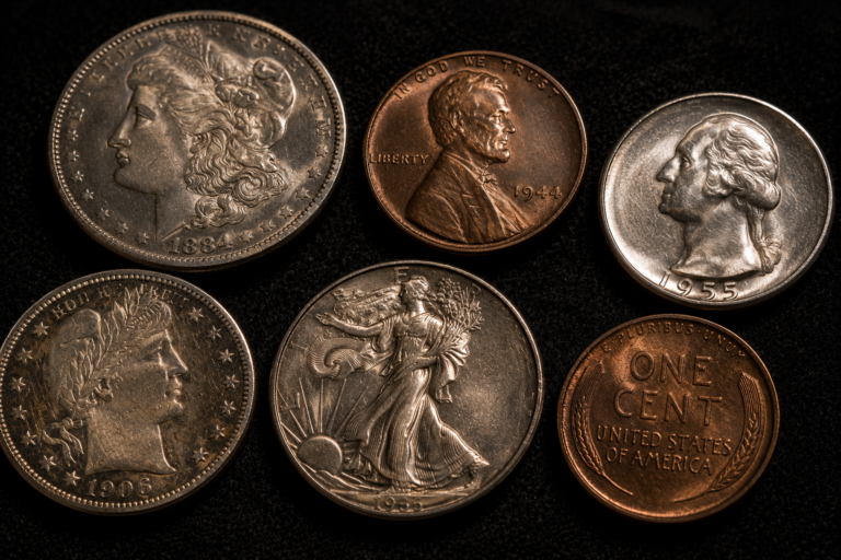 American coins showing natural mint luster and toning under directional light