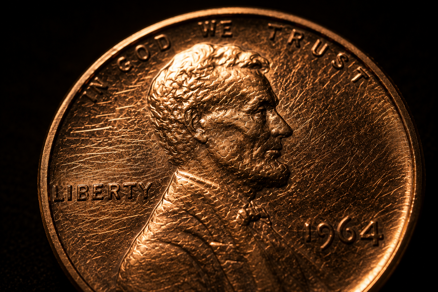 Fine cleaning hairlines visible on a Lincoln cent under directional light