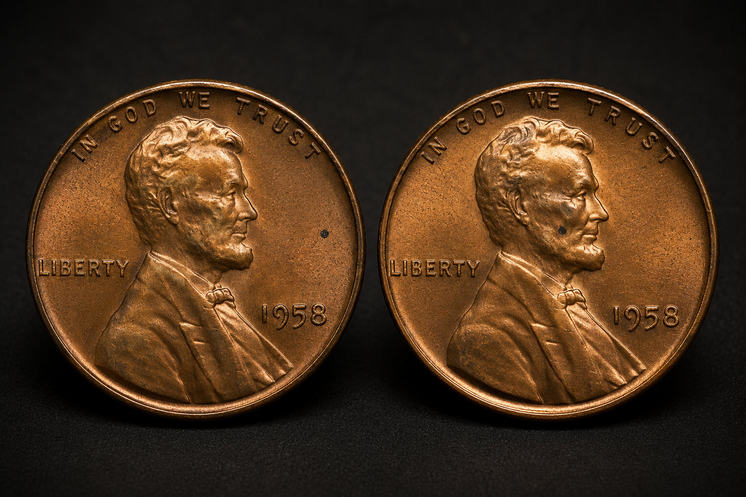 Lincoln cents showing how the location of a small contact mark affects coin evaluation