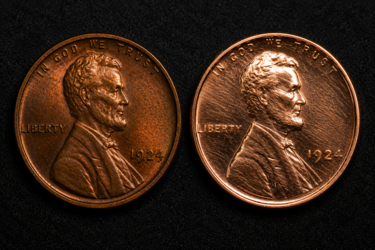 Original Lincoln cent compared with a cleaned Lincoln cent showing artificial shine