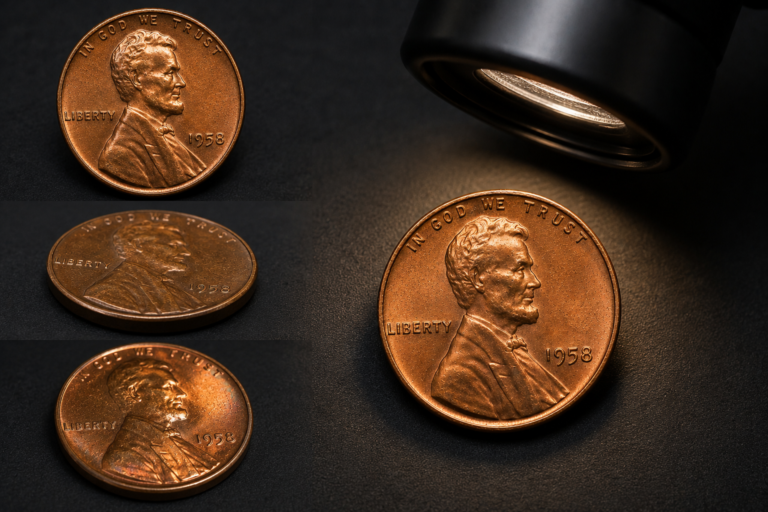 Same Lincoln cent photographed from different angles revealing changes in luster and surface marks