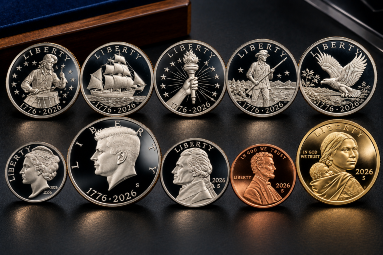2026 Semiquincentennial Proof Set with five anniversary quarters, Liberty dime, half dollar, nickel, penny, and Native American dollar