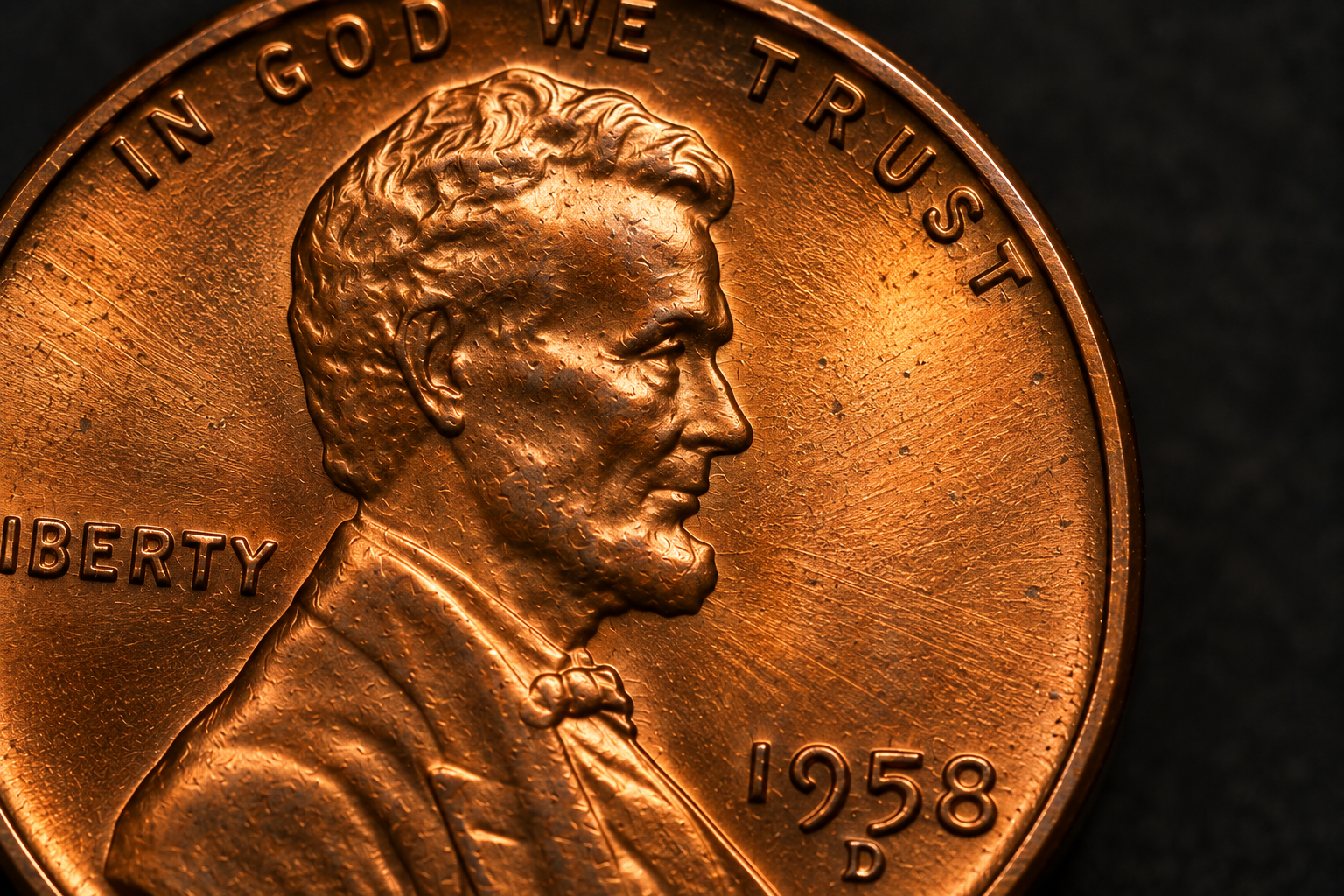 Lincoln Wheat cent under directional light showing the open fields around the portrait