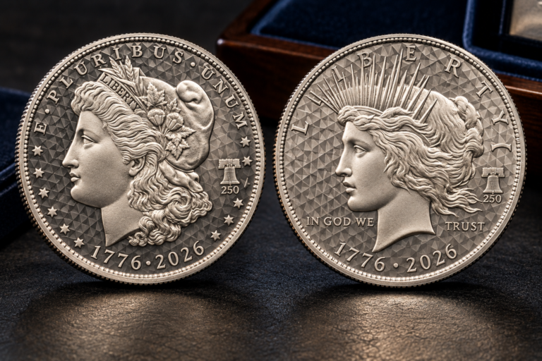 2026-P Morgan and Peace silver dollars showing the new Diamond Field finish, dual anniversary dates, and Liberty Bell 250 privy marks
