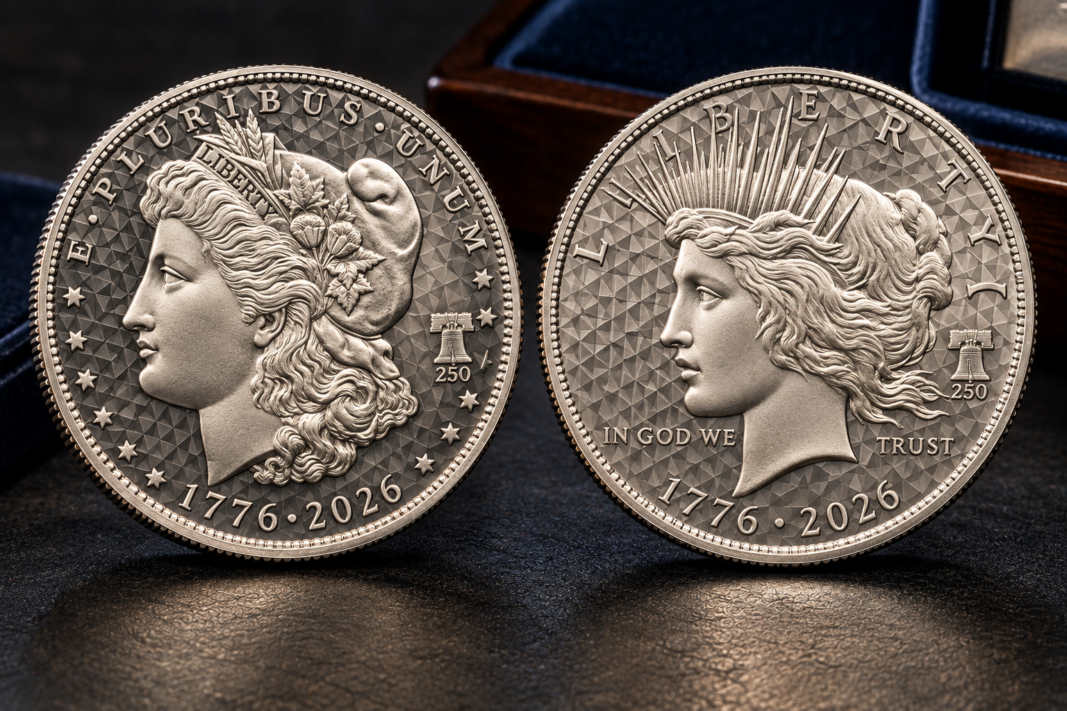 2026-P Morgan and Peace silver dollars showing the new Diamond Field finish, dual anniversary dates, and Liberty Bell 250 privy marks