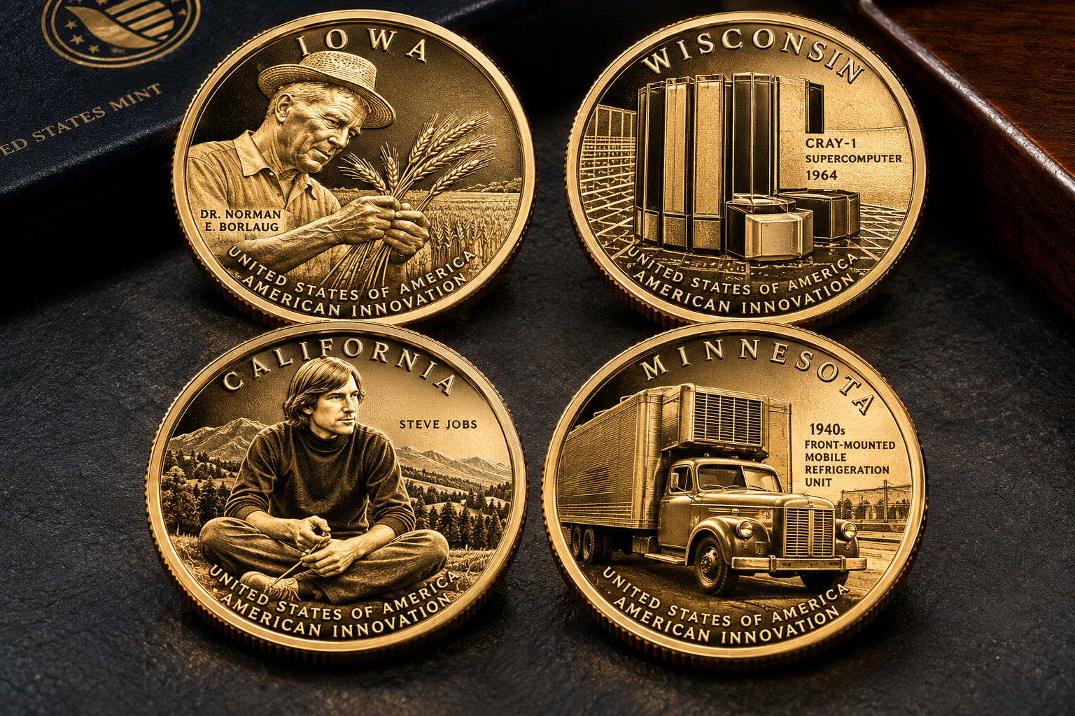 Four 2026 American Innovation $1 Reverse Proof coins honoring Iowa, Wisconsin, California, and Minnesota